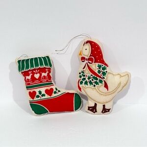 Vintage Christmas Fabric Ornaments Set- Stocking & Goose